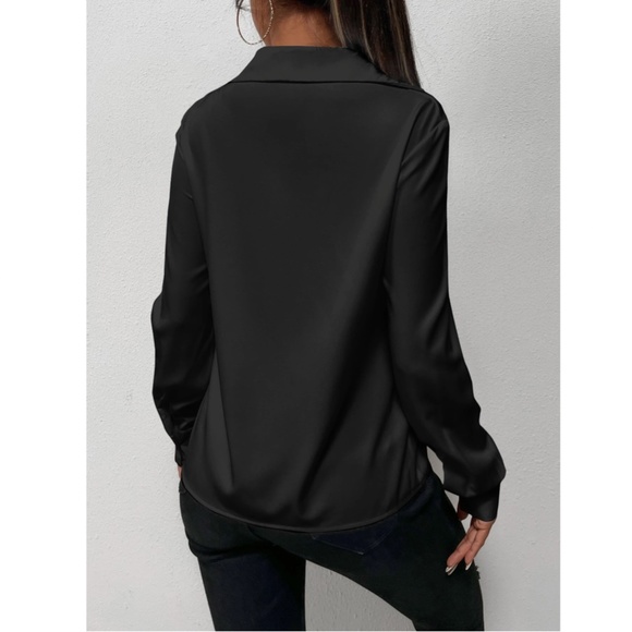 Twist Front Black Office Shirt Long Sleeve Collar Neckline V-Neck - Picture 2 of 8